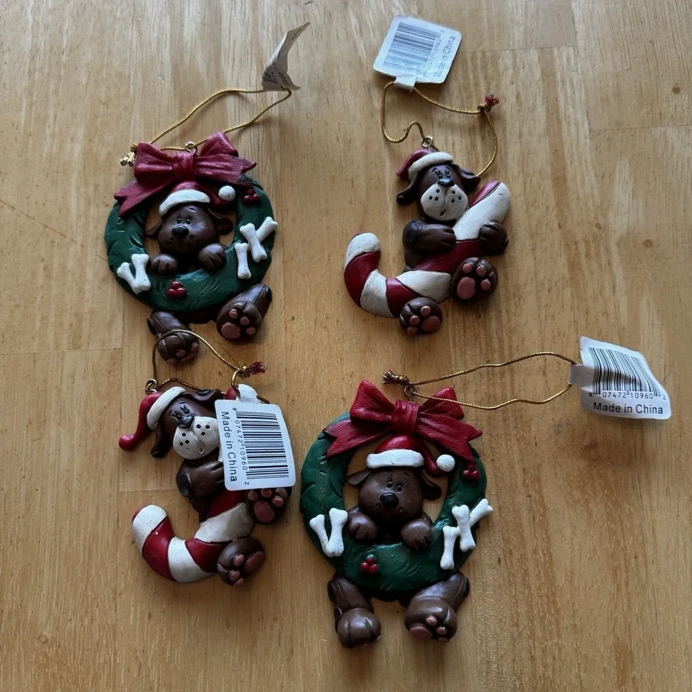 Christmas Ornaments Dog Puppy Lot of 4 Holiday Brown Wrath Candy‎ Cane Resin New